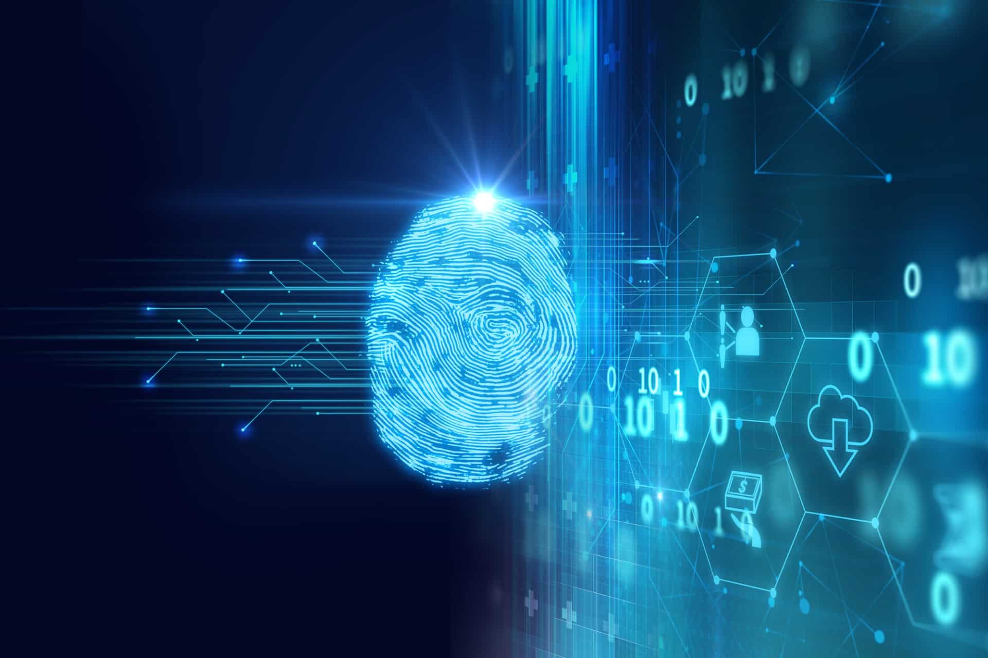A glowing digital fingerprint is displayed alongside futuristic icons and binary code, representing biometric security and digital technology.