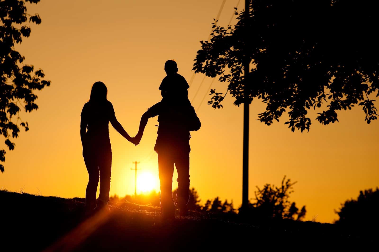 Silhouette of two adults holding hands and a child on one adult’s shoulders, walking outdoors at sunset with trees and power lines in the background.
