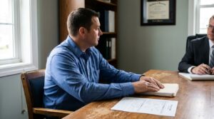 client seated at desk with documents meeting attorney in framed-diploma office