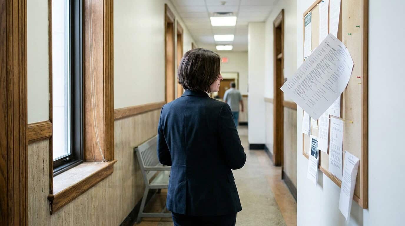 attorney in suit standing in courthouse hallway near bulletin board with posted documents