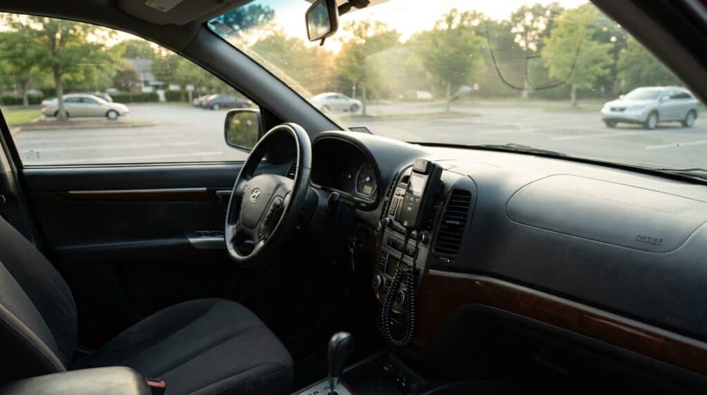 Hyundai vehicle interior showing steering wheel, dashboard, and mounted radio device
