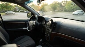 Hyundai vehicle interior showing steering wheel, dashboard, and mounted radio device