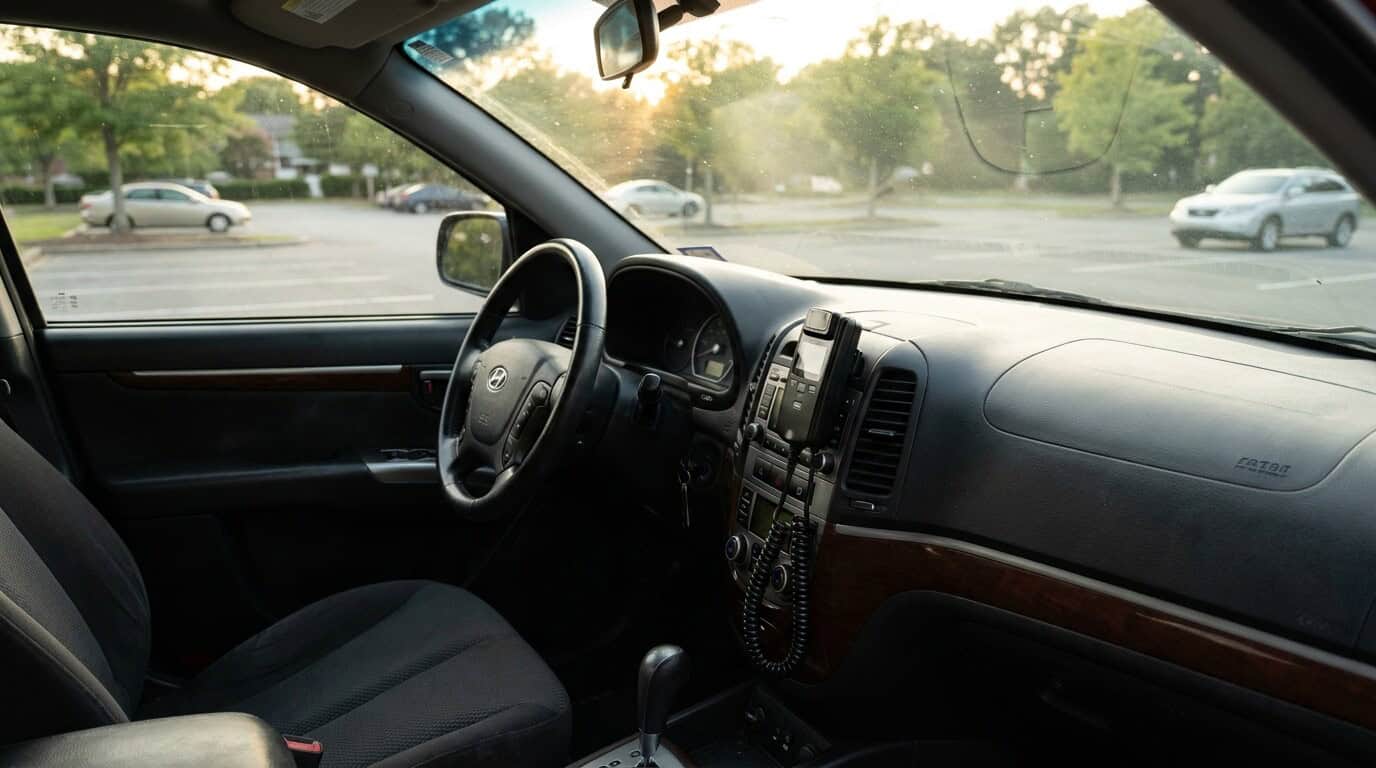 Hyundai vehicle interior showing steering wheel, dashboard, and mounted radio device