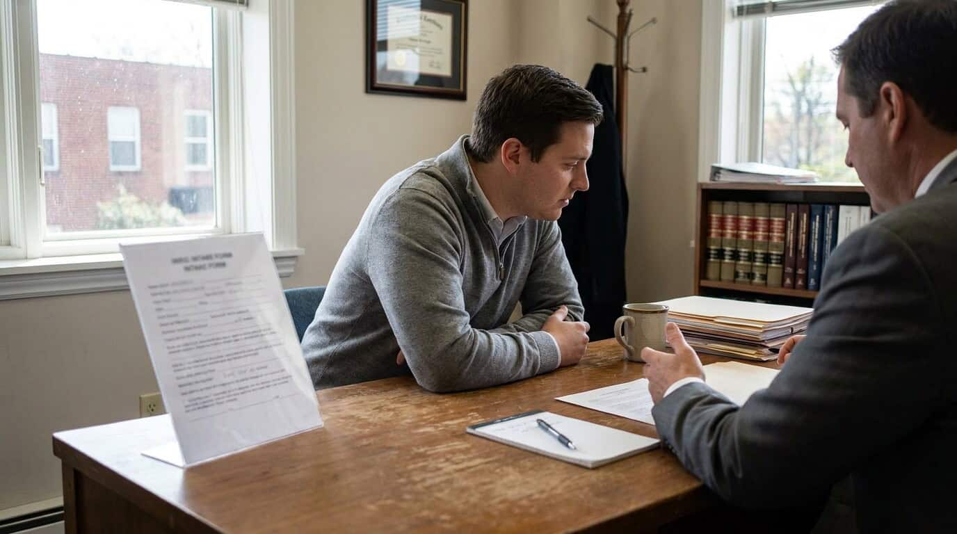 client meeting with attorney reviewing intake form and legal documents at desk