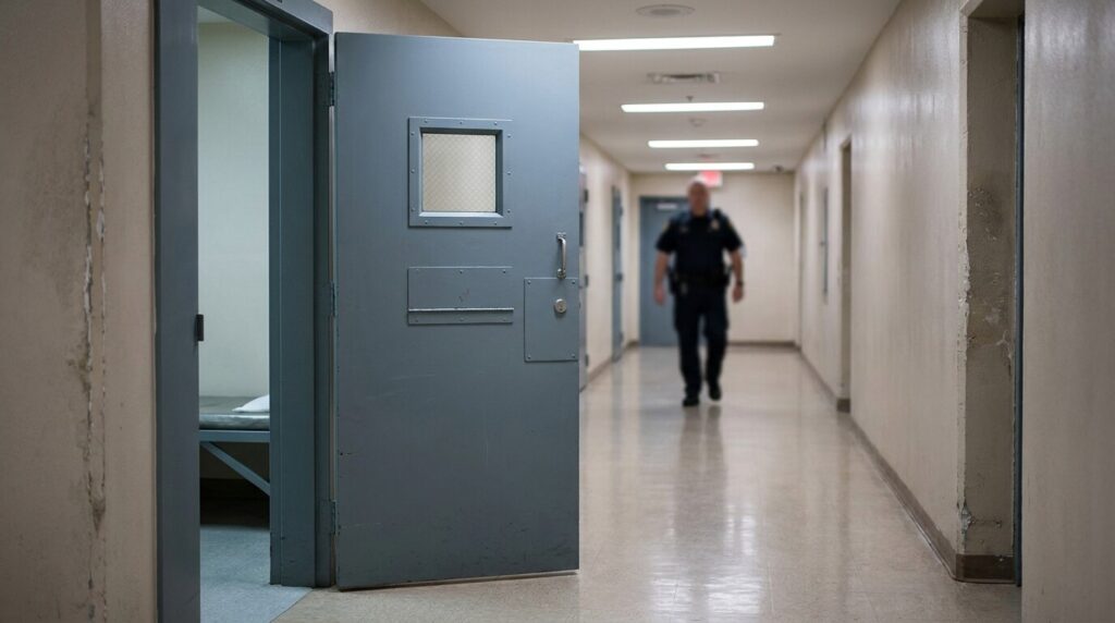correctional officer walking hallway past open jail cell door with window