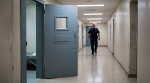 correctional officer walking hallway past open jail cell door with window