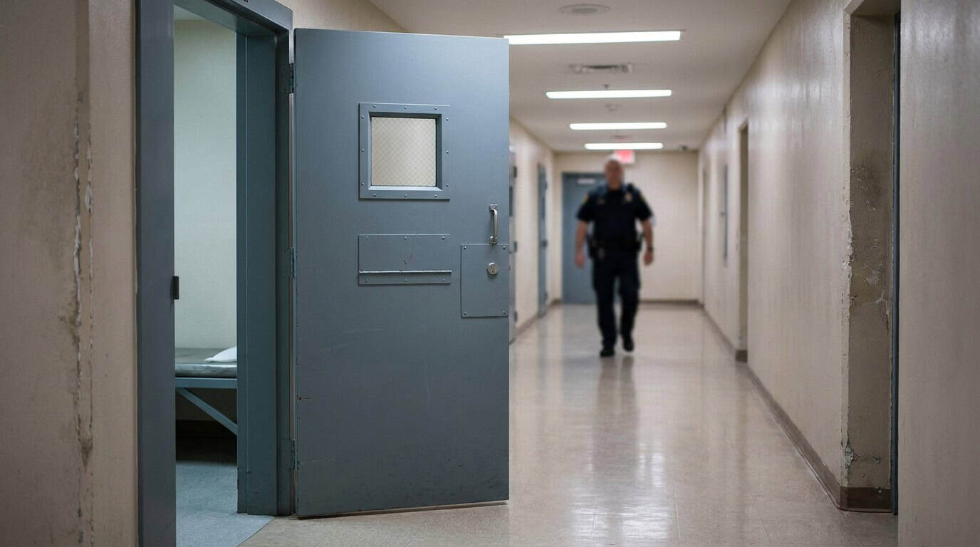 correctional officer walking hallway past open jail cell door with window