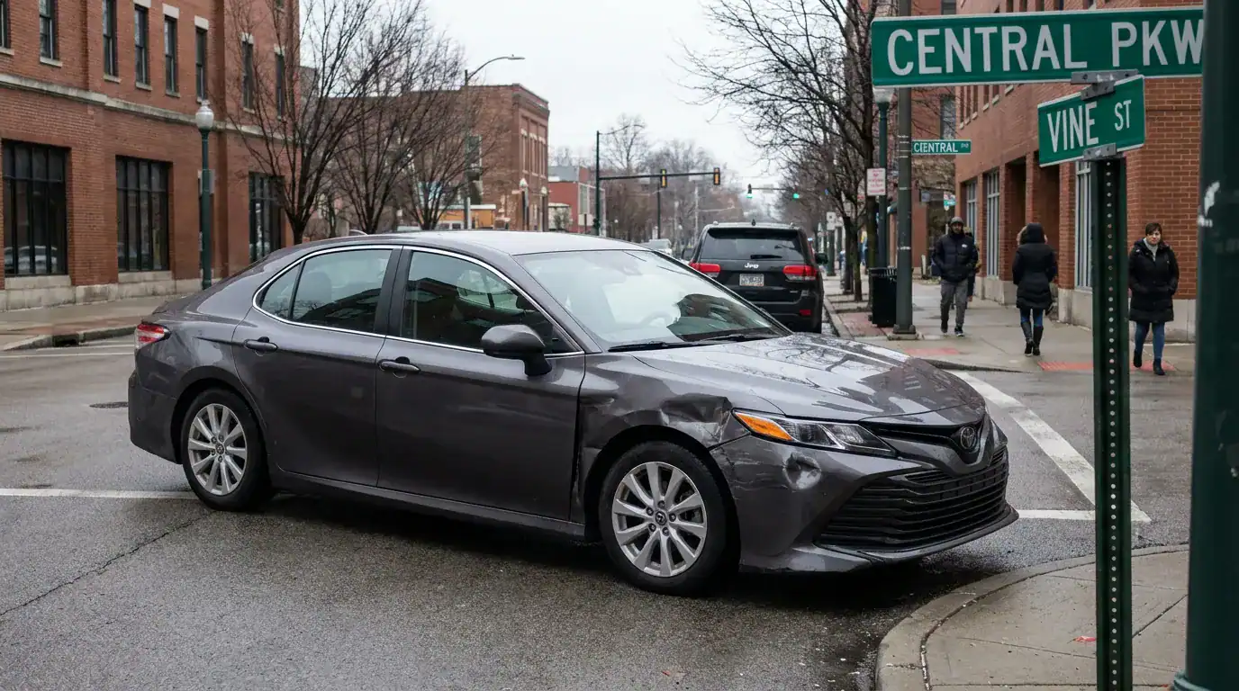 damaged Toyota sedan with dented front quarter panel at Central Pkwy and Vine St intersection