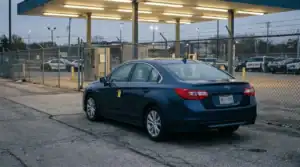Subaru sedan with evidence marker parked near chain-link fence at dusk