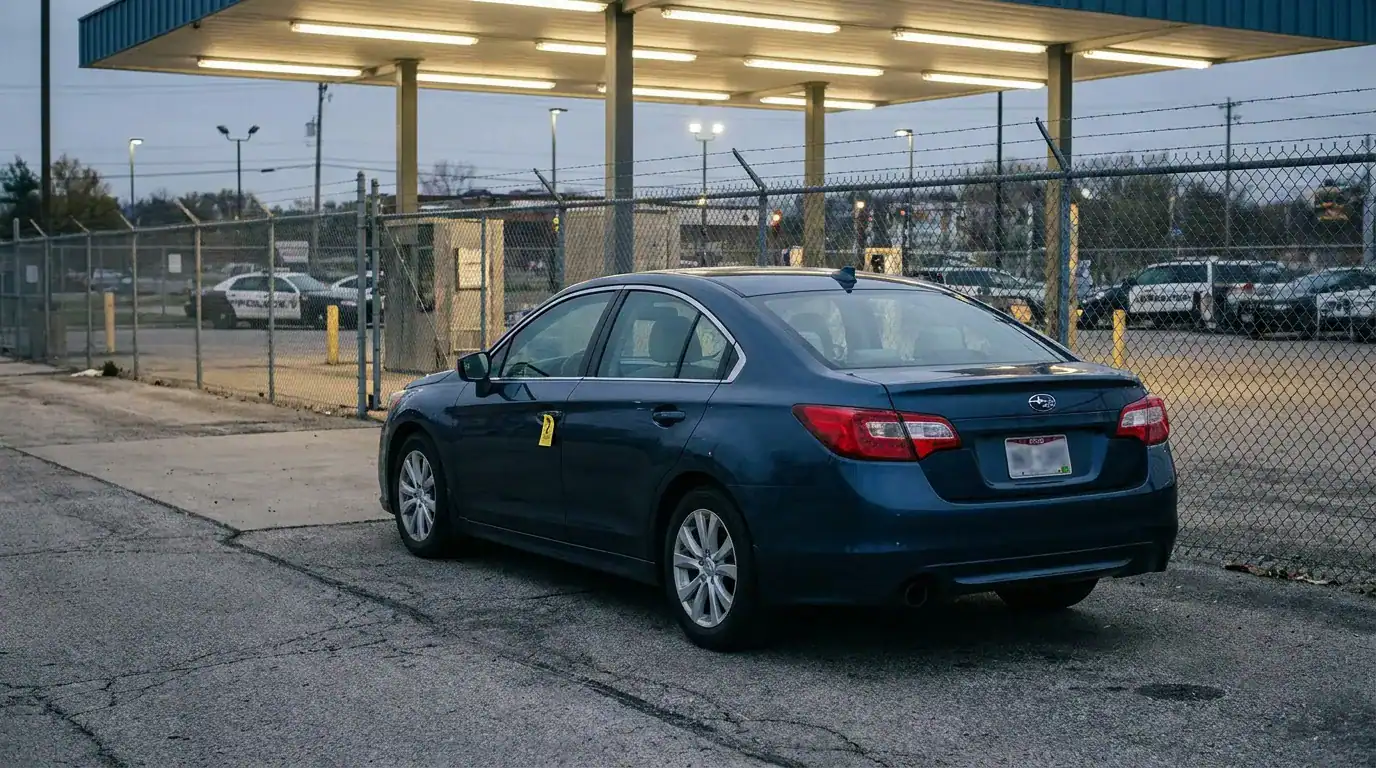 Subaru sedan with evidence marker parked near chain-link fence at dusk