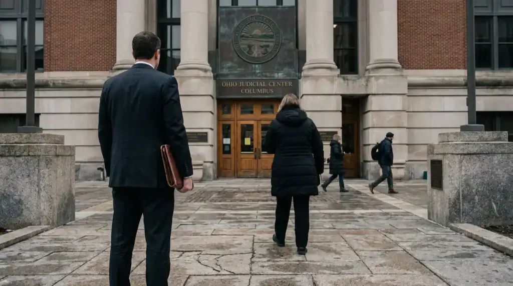 attorney carrying portfolio walking toward Ohio Judicial Center Columbus entrance