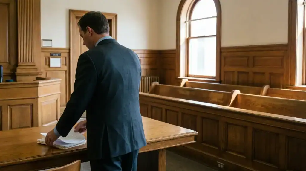 suited attorney reviewing legal documents at courtroom counsel table