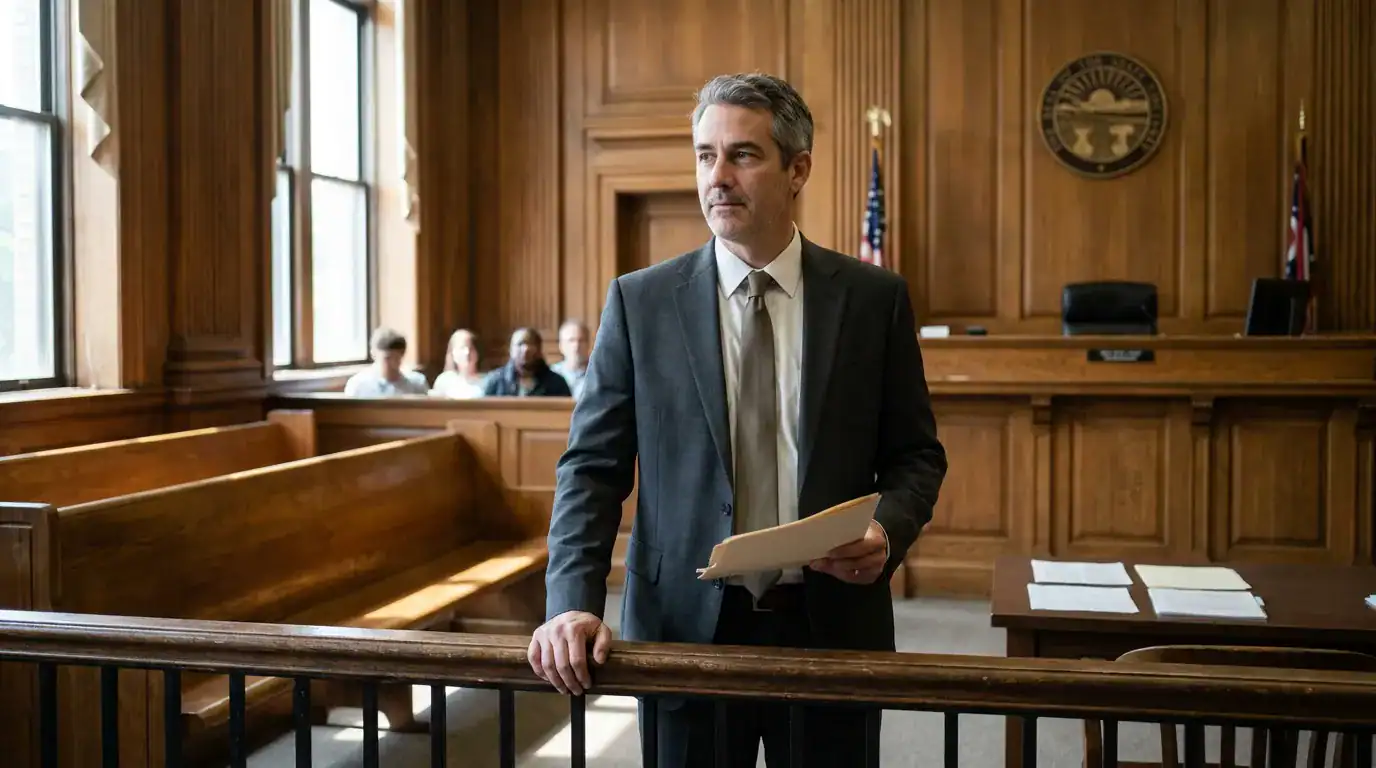 attorney in suit holding documents standing at courtroom railing before judge's bench
