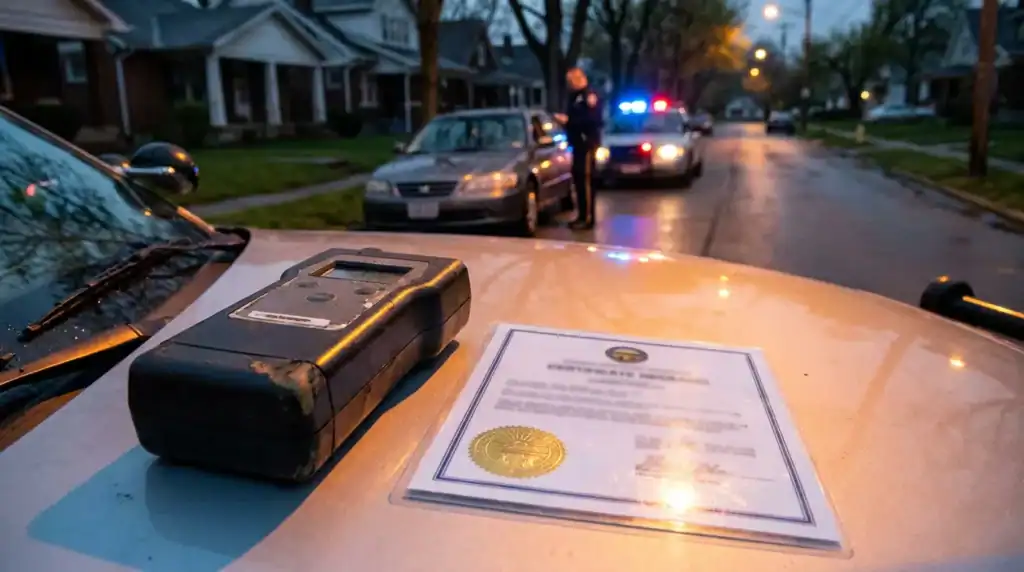 breathalyzer device and certificate document on police car hood during DUI traffic stop