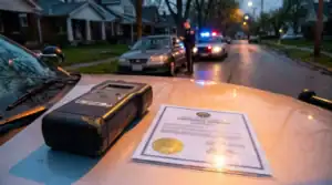 breathalyzer device and certificate document on police car hood during DUI traffic stop