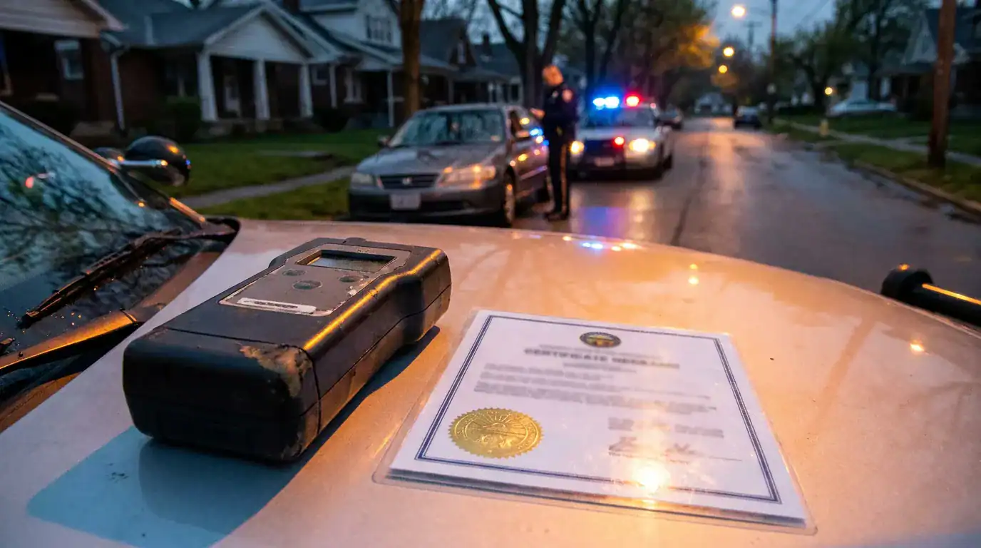 breathalyzer device and certificate document on police car hood during DUI traffic stop