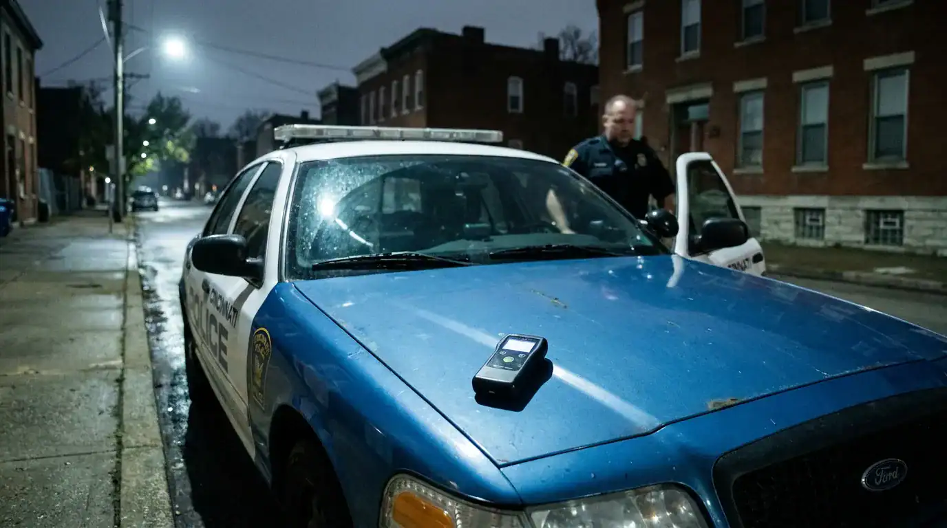 Cincinnati Police cruiser with breathalyzer device on hood during nighttime stop
