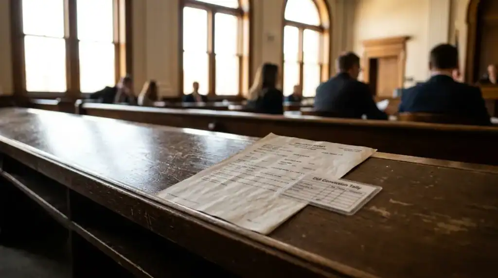 DUI Conviction Tally document resting on courtroom bench during legal proceeding