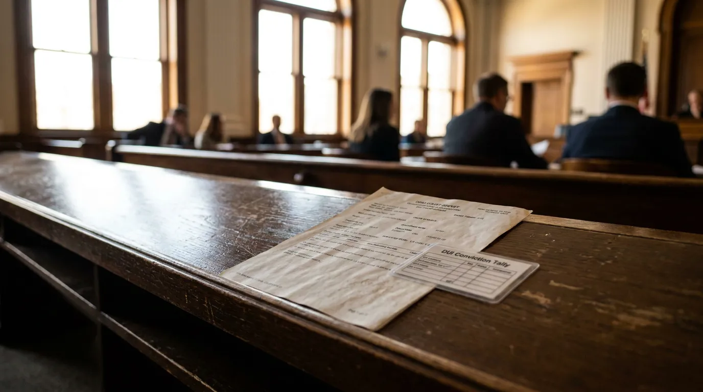 DUI Conviction Tally document resting on courtroom bench during legal proceeding