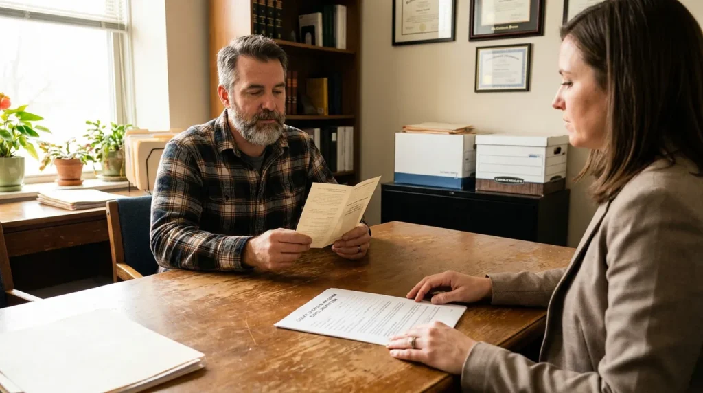 man reviewing legal document across desk from attorney in credentialed office