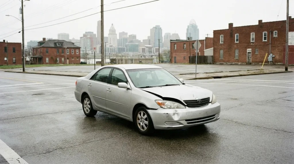 damaged Toyota sedan with crumpled hood parked on wet urban street