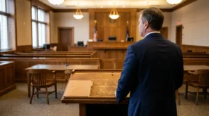 attorney standing at courtroom podium with case folder facing judge's bench
