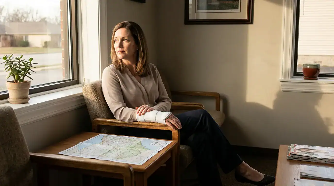woman with bandaged wrist seated in waiting room beside open map