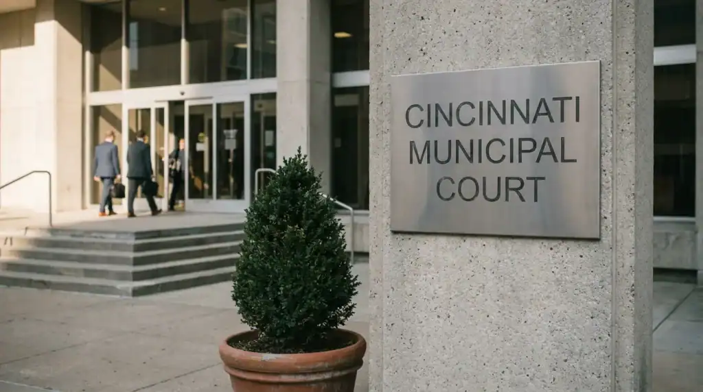Cincinnati Municipal Court exterior sign with attorneys entering courthouse entrance