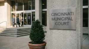 Cincinnati Municipal Court exterior sign with attorneys entering courthouse entrance