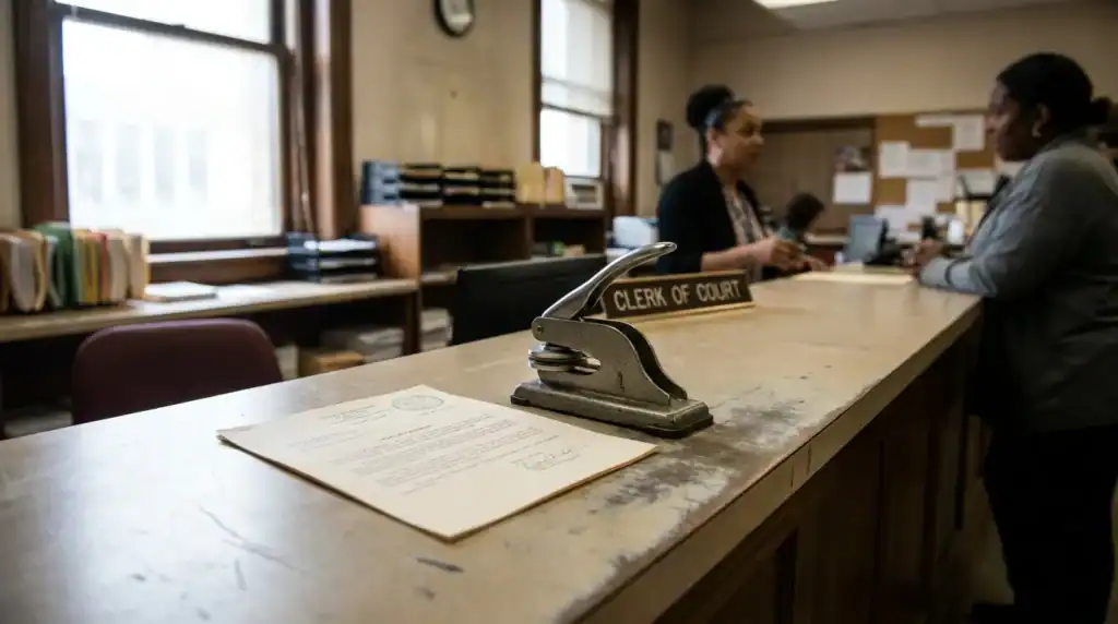 Clerk of Court counter with official seal press and signed legal document