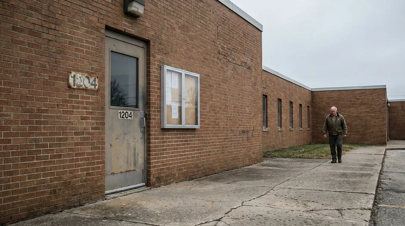 worker walking past brick industrial building exterior marked 1204
