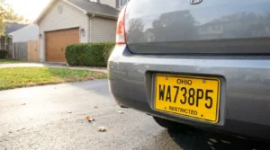 Ohio restricted license plate on rear bumper of vehicle parked in driveway