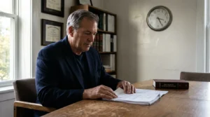 attorney reviewing legal documents beside Ohio Rules of Criminal Procedure book in office