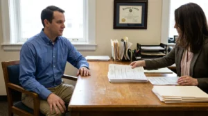 attorney presenting legal documents to client across desk with Hamilton County certificate on wall