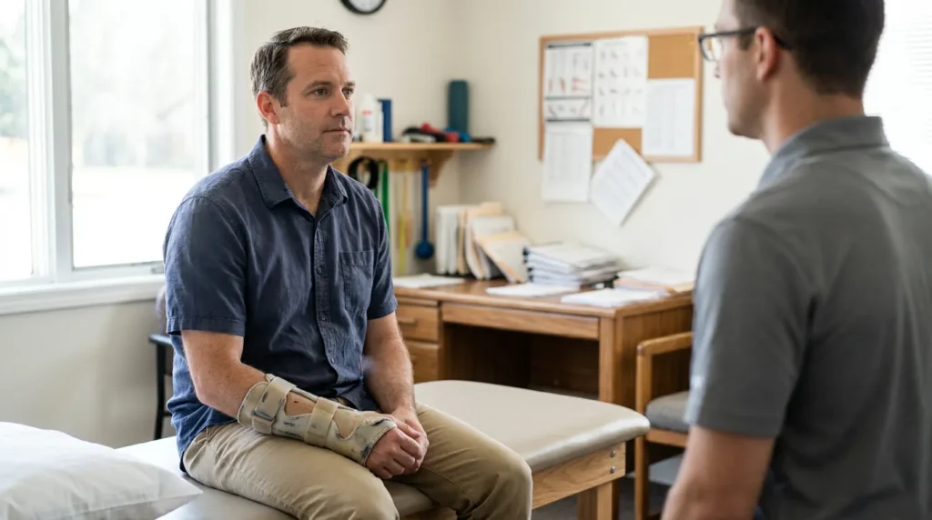 injured man wearing wrist brace speaking with medical professional in clinic