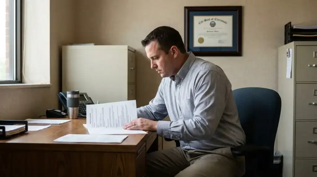 man seated at office desk reviewing legal documents with City Seal of Cincinnati certificate on wall